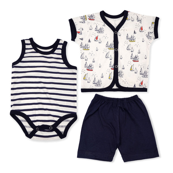 SUNSHINE BABY ROMPER GIFT SET PACK OF 3 BOATS NAVY BLUE 6-9M