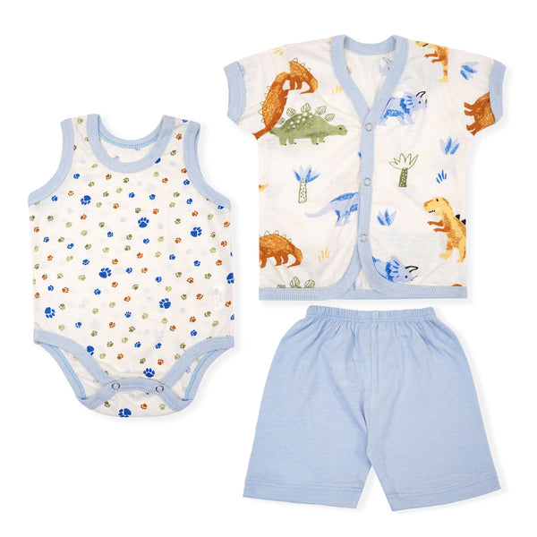 SUNSHINE BABY ROMPER GIFT SET PACK OF 3 DINOSAUR SKY BLUE 6-9M