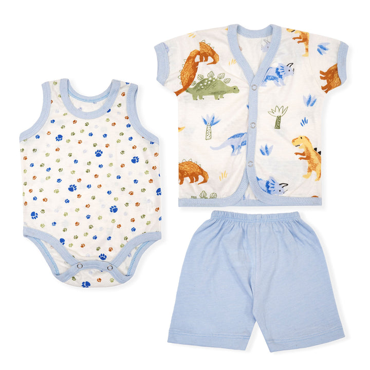 SUNSHINE BABY ROMPER GIFT SET PACK OF 3 DINOSAUR SKY BLUE 6-9M