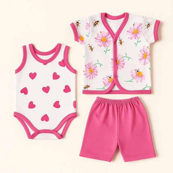 Baby 3Pcs Suit Set Flowers & Bee Pink - Sunshine