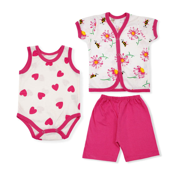 SUNSHINE BABY ROMPER GIFT SET PACK OF 3 FLOWERS & BEE PINK 6-9M