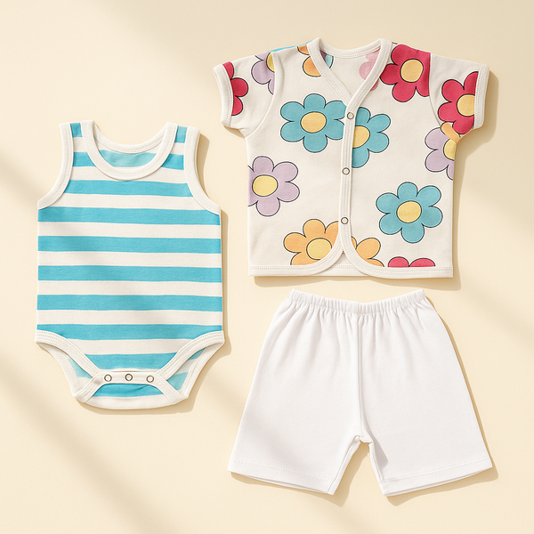 Baby 3Pcs Suit Set Multi Flowers White - Sunshine