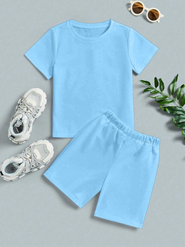 MINI CHARM KIDS SHORT & SHIRT PLAIN SKY BLUE 7-8Y