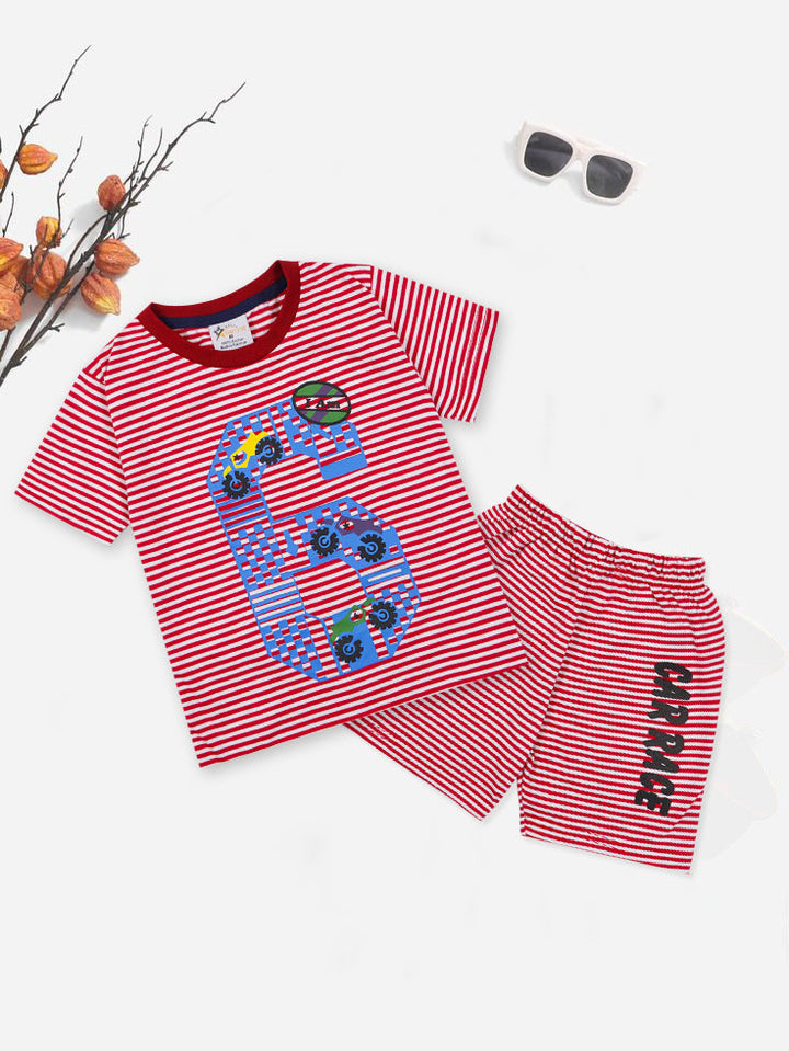 SUNSHINE KIDS SHORT & SHIRT PRINTED 6 RED STRIPES XL 4-5Y