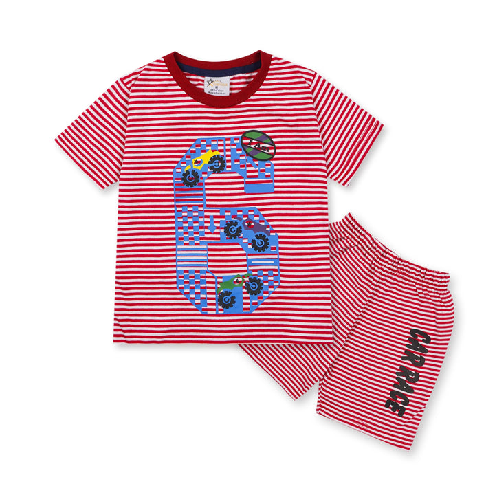 SUNSHINE KIDS SHORT & SHIRT PRINTED 6 RED STRIPES XL 4-5Y