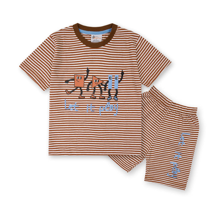 SUNSHINE SHORT & SHIRT STRIPES SHAPES BROWN(XL) 4-5Y