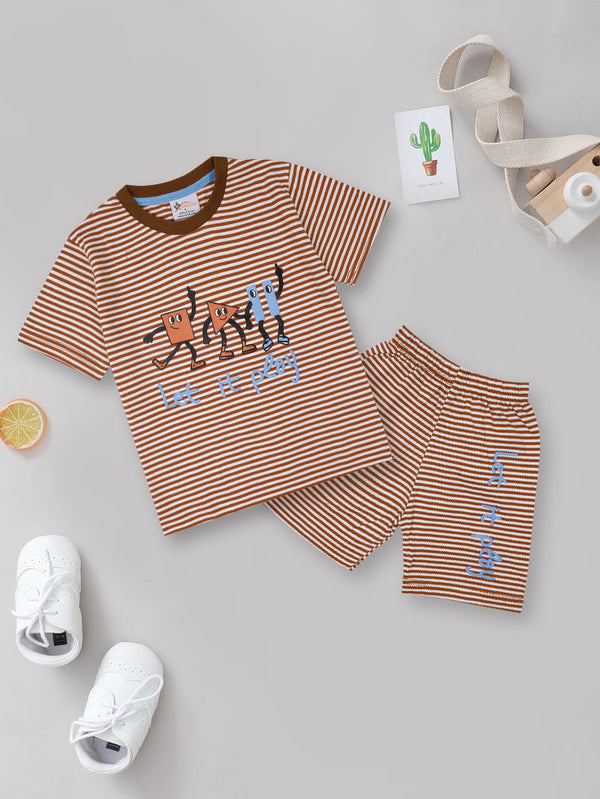 SUNSHINE SHORT & SHIRT STRIPES SHAPES BROWN(XL) 4-5Y