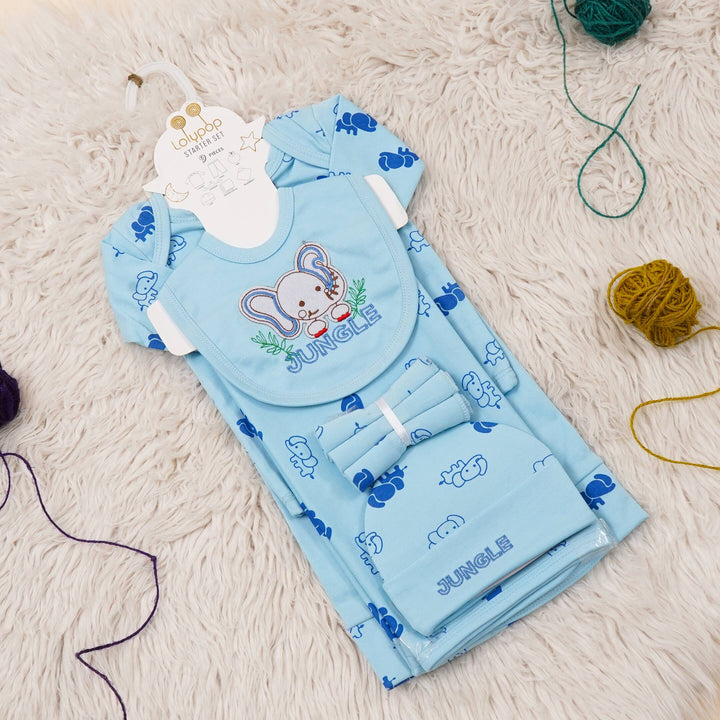 SUNSHINE BABY GIFT SET PACK OF 9 ELEPHANT JUNGLE SKY BLUE NB