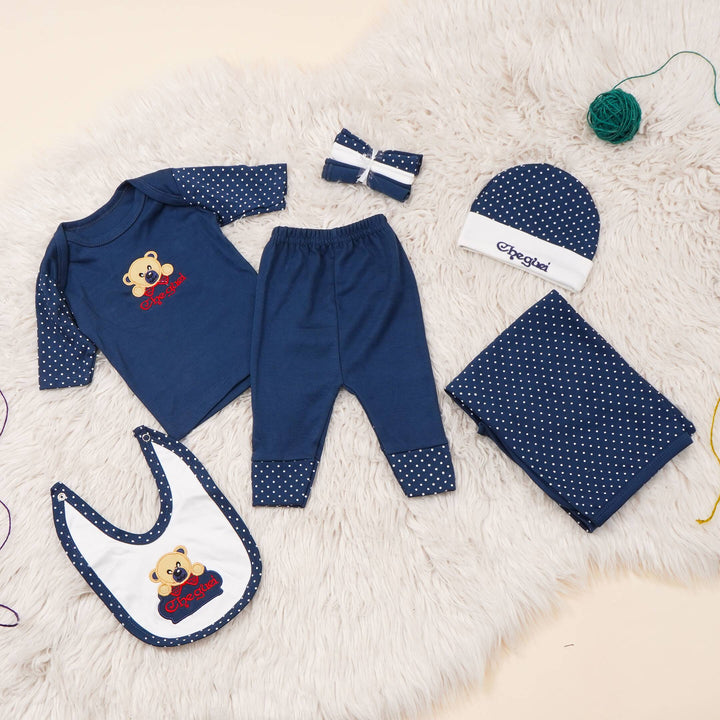 SUNSHINE BABY GIFT SET PACK OF 9 BEAR POLKA DOTS NAVY BLUE NB