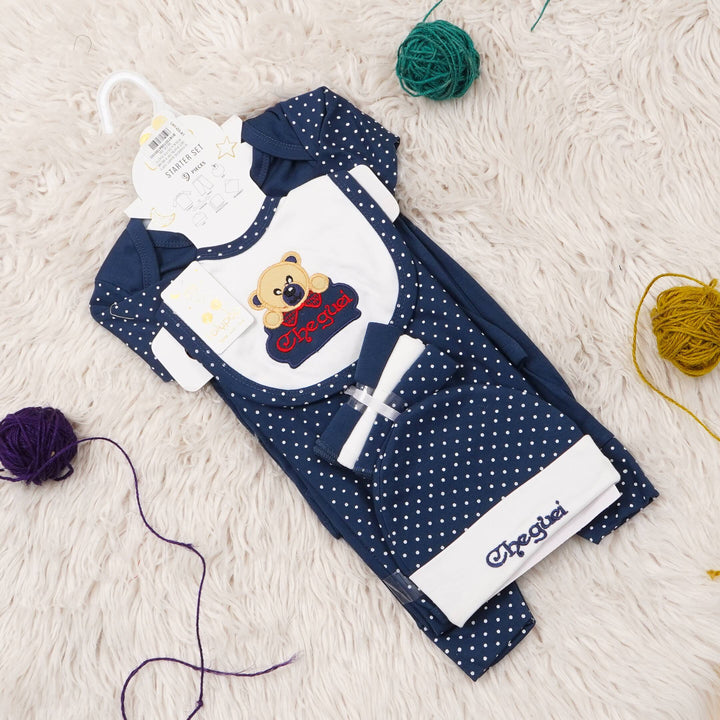 SUNSHINE BABY GIFT SET PACK OF 9 BEAR POLKA DOTS NAVY BLUE NB