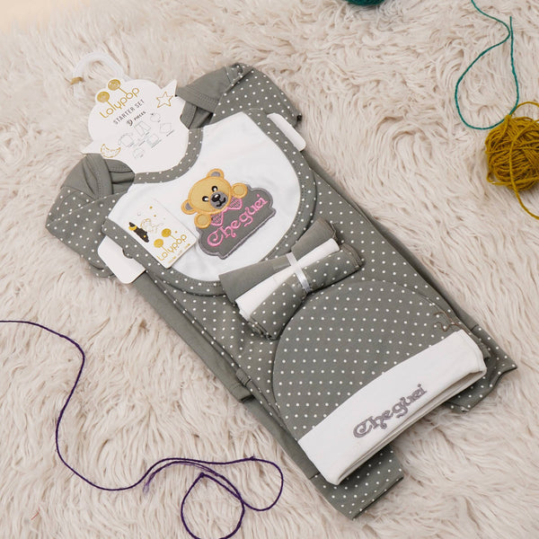 SUNSHINE BABY GIFT SET PACK OF 9 BEAR POLKA DOTS GREY NB