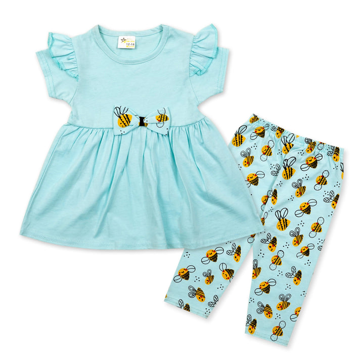 SUNSHINE GIRLS FROCK & PAJAMA SET HONEY BEE SKY BLUE 12-18 M