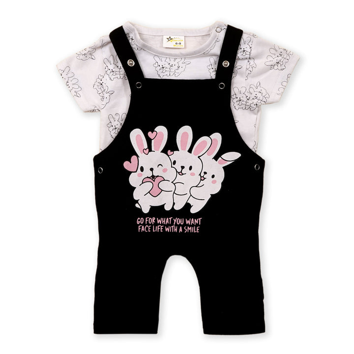 SUNSHINE DUNGAREE HALF SLEEVE 3 RABBITS BLACK 12-18M