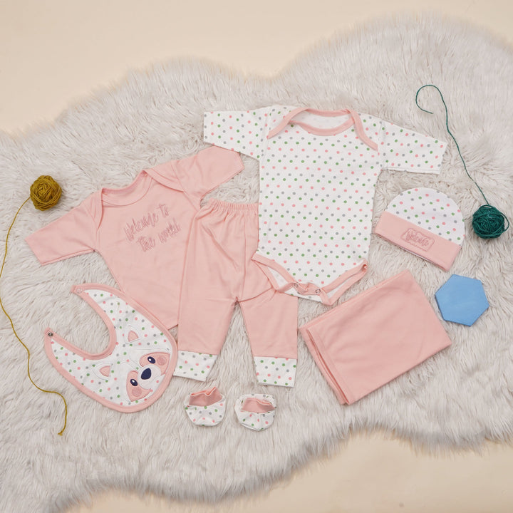 SUNSHINE BABY GIFT SET 8 PCS BEAR WITH POLKA DOTS PEACH