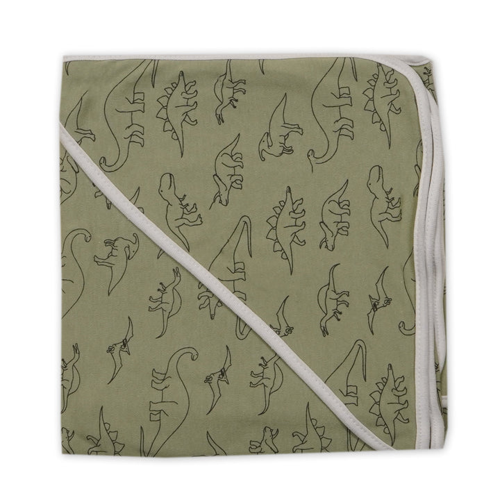 BABY HOODED WRAPPING SHEET PRINTED DINO OLIVE GREEN - SUNSHINE