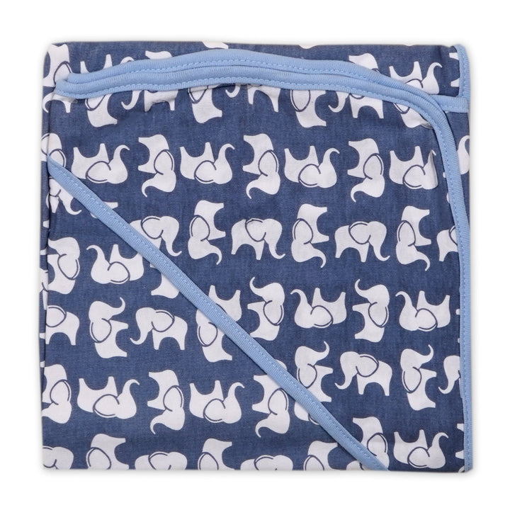 BABY HOODED WRAPPING SHEET PRINTED ELEPHANT BLUE  - SUNSHINE