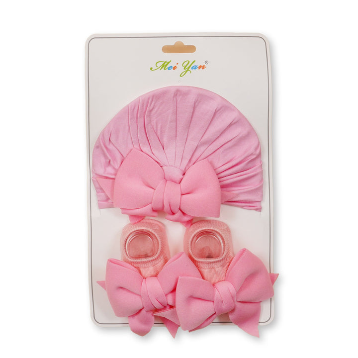 SUNSHINE GIRLS GIFT SET PACK OF 2 TURBAN CAP & BOOTIE BABY PINK