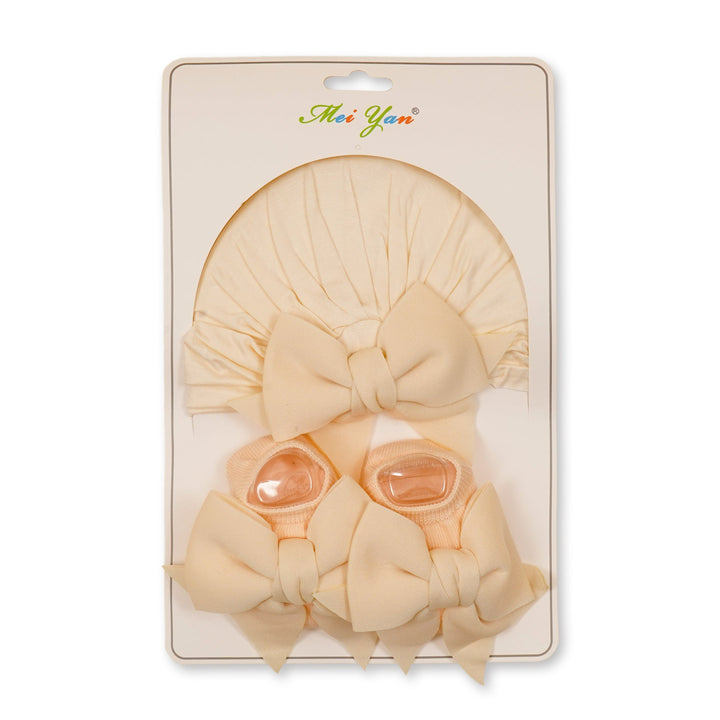 SUNSHINE GIRLS GIFT SET PACK OF 2 TURBAN CAP & BOOTIE BEIGE