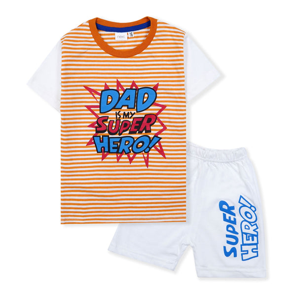 SUNSHINE KIDS SHORT AND SHIRT DAD SUPER HERO STRIPES ORANGE 4Y