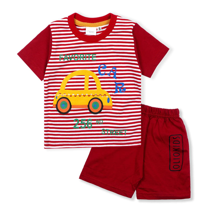 SUNSHINE KIDS SHORT AND SHIRT CAR STRIPES RED 4Y