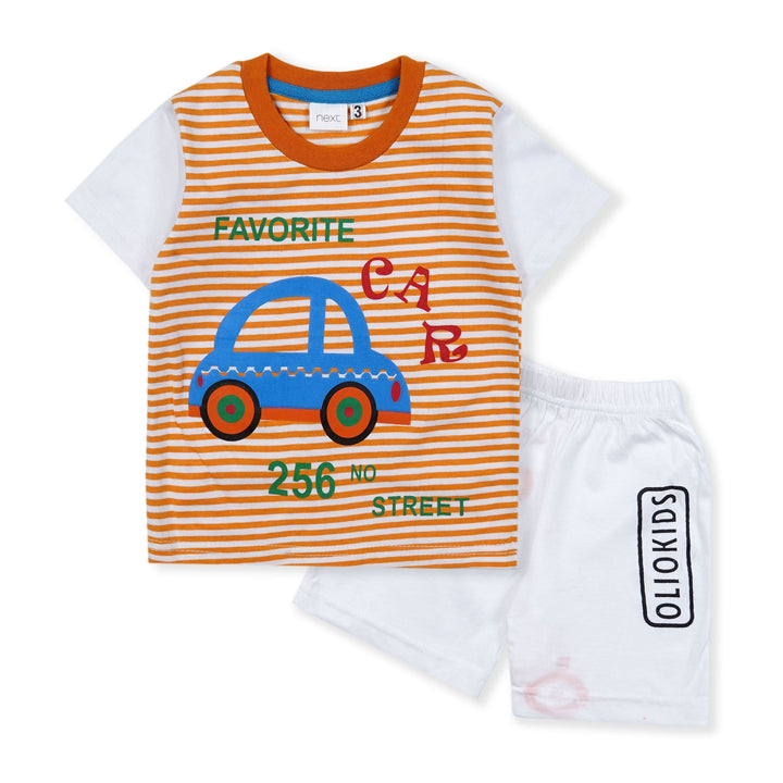 SUNSHINE KIDS SHORT AND SHIRT CAR STRIPES ORANGE 4Y