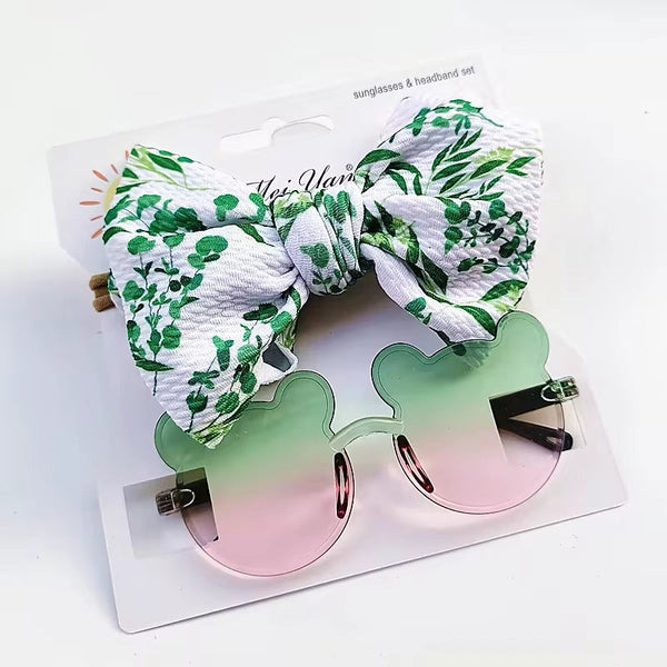 SUNSHINE BABY HEADBAND AND MINNIE MOUSE GLASSES SET GREEN