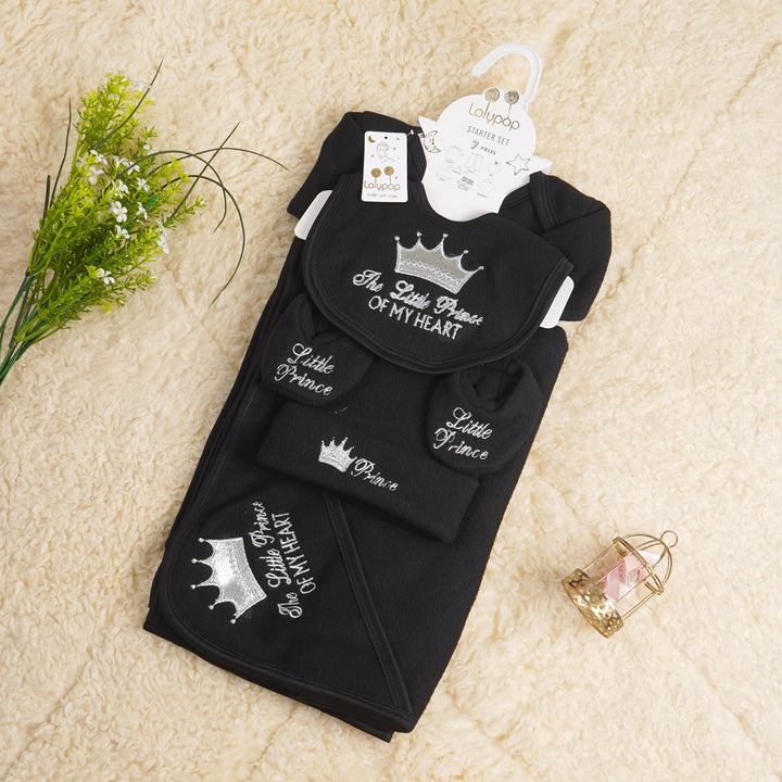 SUNSHINE NEWBORN BABY FLEECE GIFT SET 7 PCS LITTLE PRINCE BLACK