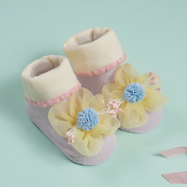 SUNSHINE BABY FANCY GIRL BOOTIES FLOWER LIGHT PURPLE & YELLOW (0-6 MONTHS)