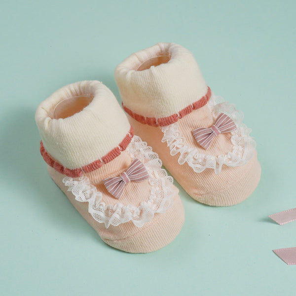 SUNSHINE BABY FANCY GIRL BOOTIES BOW BEIGE (0-6 MONTHS)