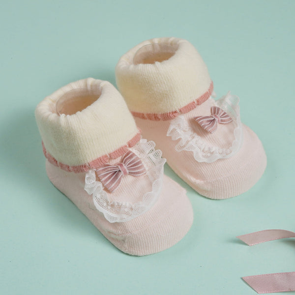 SUNSHINE BABY FANCY GIRL BOOTIES BOW BABY PINK  (0-6 MONTHS)