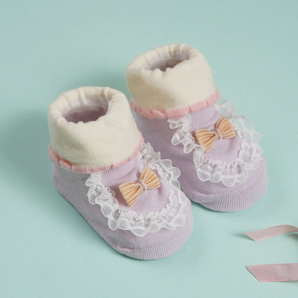 SUNSHINE BABY FANCY GIRL BOOTIES BOW LIGHT PURPLE  (0-6 MONTHS)