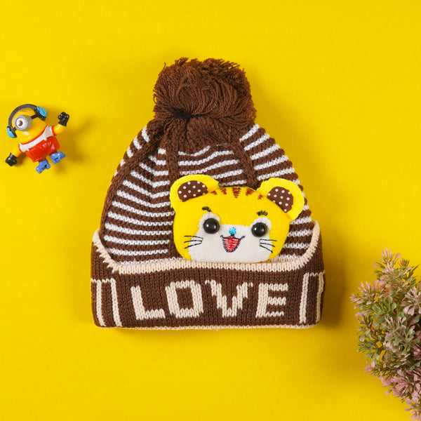 BABY POM POM WOOLEN CAP KITTY BROWN- SUNSHINE