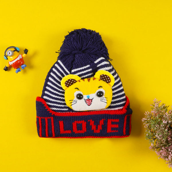 BABY POM POM WOOLEN CAP KITTY NAVY BLUE- SUNSHINE