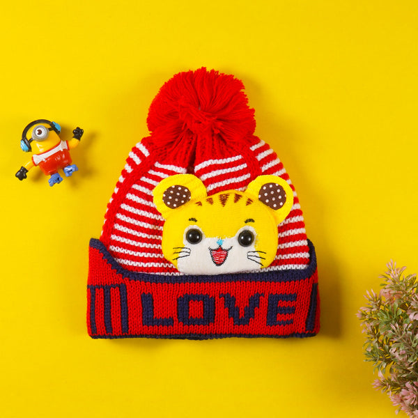 BABY POM POM WOOLEN CAP KITTY RED- SUNSHINE