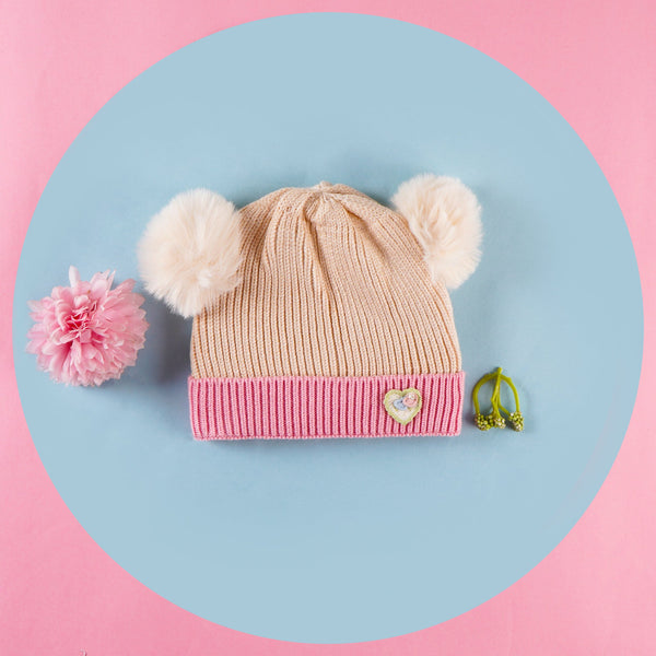 SUNSHINE BABY WOOLEN CAP PINK & BEIGE