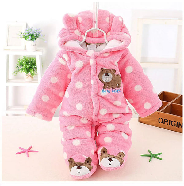 SUNSHINE BABY WINTER HOODED ROMPER BEAR HUGS DOTS PINK 12M