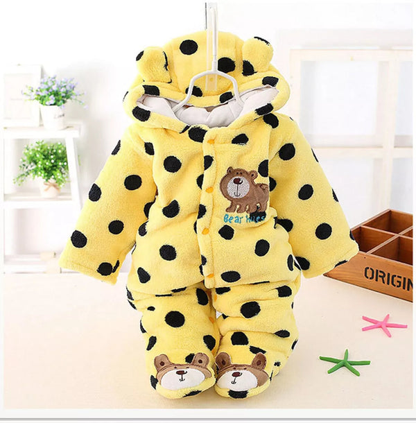 SUNSHINE BABY WINTER HOODED ROMPER BEAR HUGS DOTS YELLOW 12M