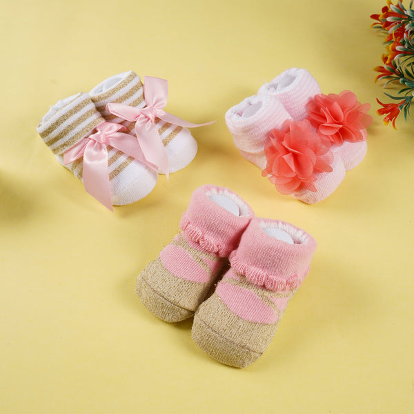 SUNSHINE GIRLS SOCKS GIFT SET PACK OF 3 BOW PEACH 0-9M