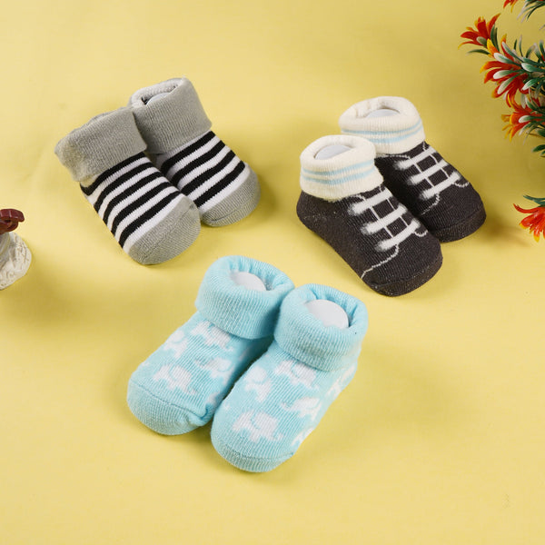 SUNSHINE BOYS SOCKS GIFT SET PACK OF 3 ELEPHANT & STRIPES BLUE 0-9M