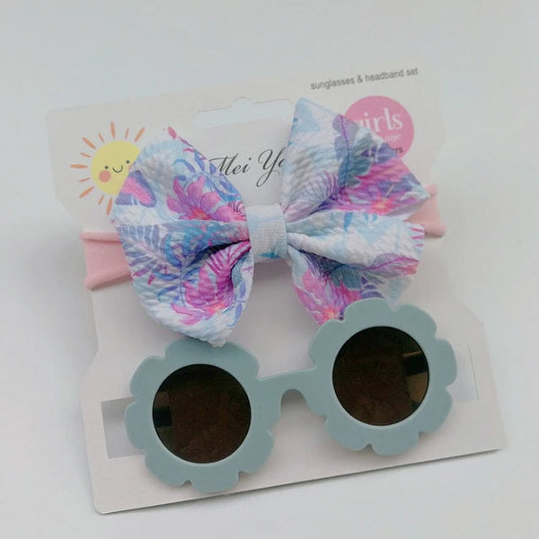 SUNSHINE BABY HEADBAND AND SUN FLOWER GLASSES SET BLUE