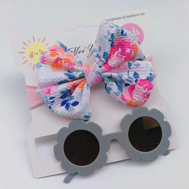 SUNSHINE BABY HEADBAND AND SUN FLOWER GLASSES SET GREY