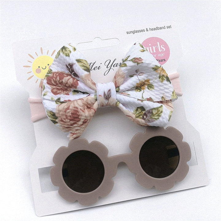 SUNSHINE BABY HEADBAND AND SUN FLOWER GLASSES SET LIGHT BROWN