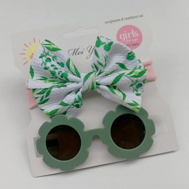 SUNSHINE BABY HEADBAND AND SUN FLOWER GLASSES  SET GREEN