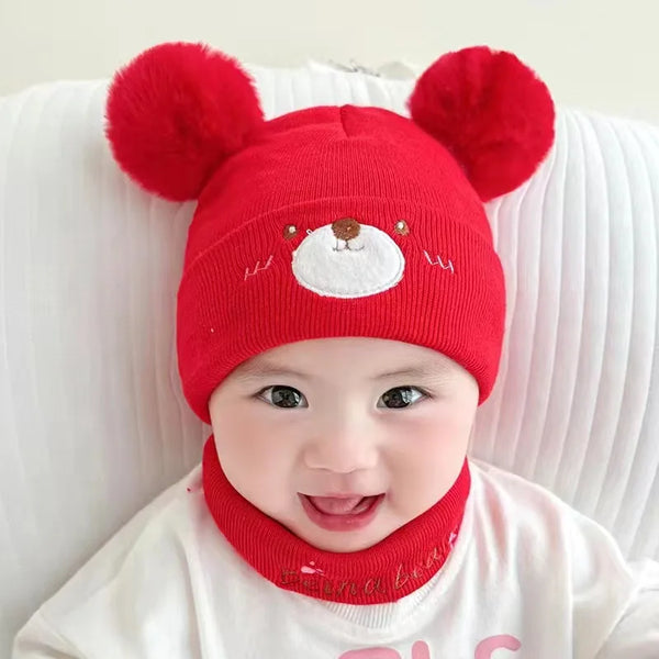 Baby Woolen Cap & Neck Warmer Set Bear Red - Sunshine