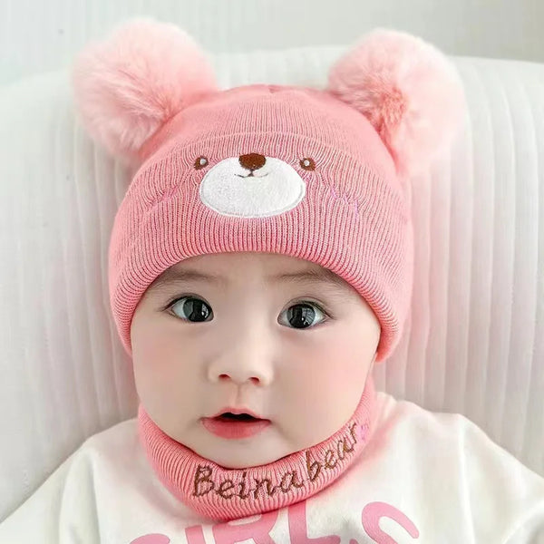 Baby Woolen Cap & Neck Warmer Set Bear Pink - Sunshine