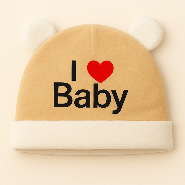 Baby Fleece Cap I Love Baby Bear Beige - Sunshine