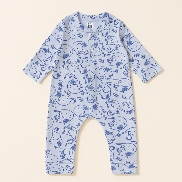 Baby Cotton Full Body Sleepsuit Printed Elephant Blue - Sunshine