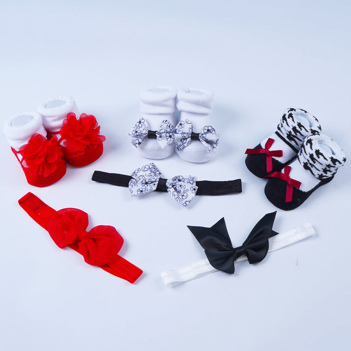 SUNSHINE BABY HEADBAND & SOCKS 6PCS SET ROSE RED