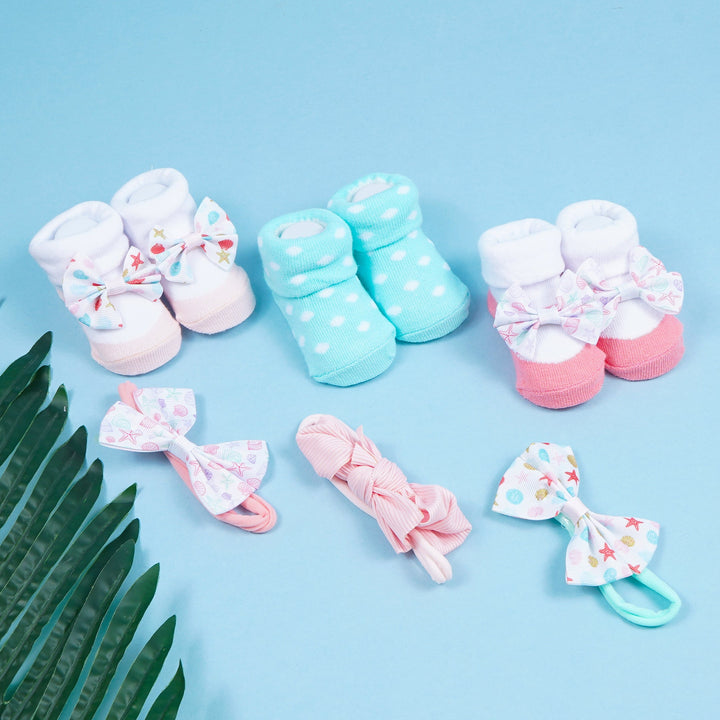 SUNSHINE BABY HEADBAND & SOCKS 6PCS SET PINK & SEA GREEN 0-9M