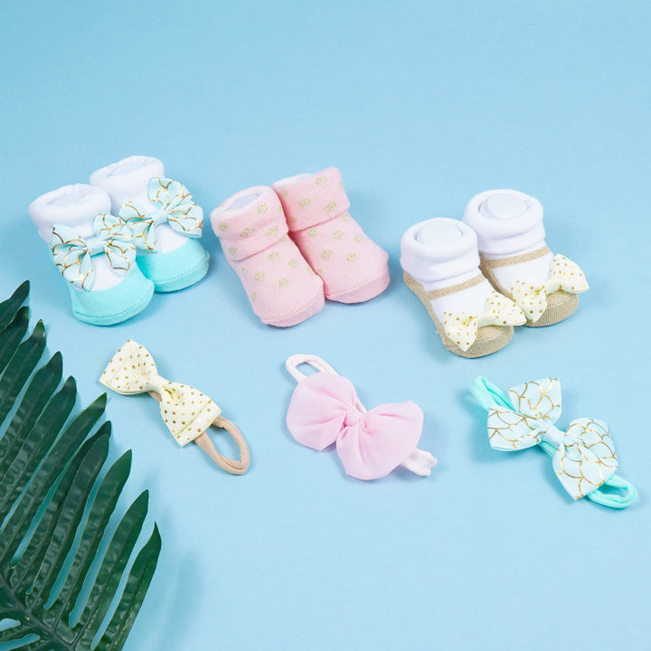 SUNSHINE BABY HEADBAND & SOCKS 6PCS SET SEA GREEN & GOLDEN 0-9M